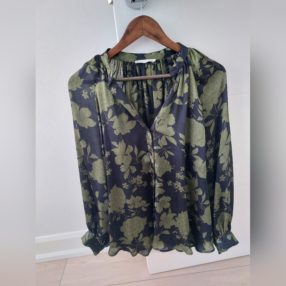 Mango Green and Black Floral Blouse